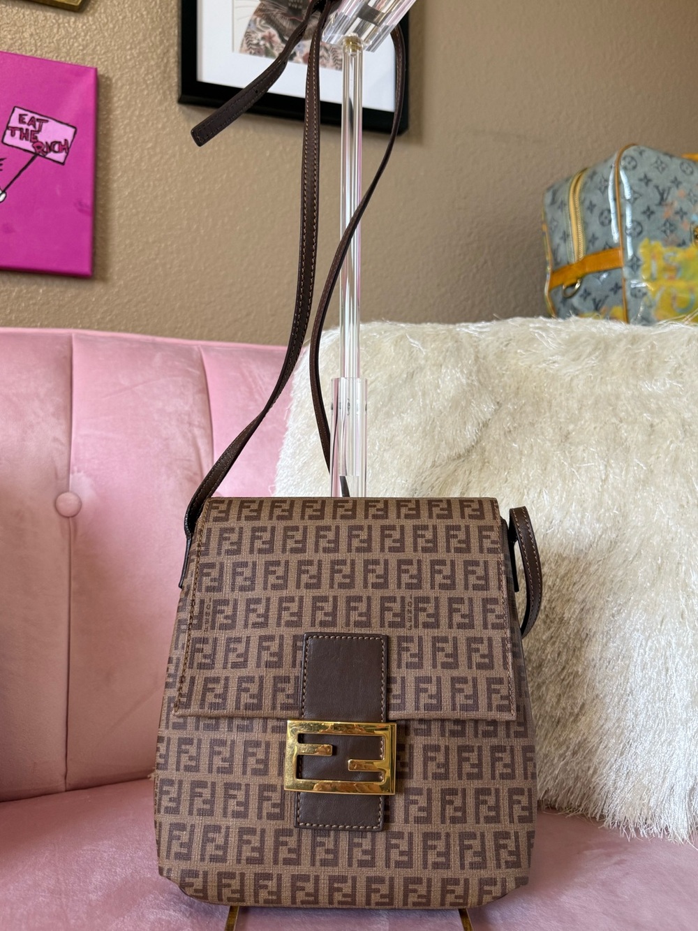 💯AUTH FENDI Brown Zucchino Spalmati Crossbody Bag with Gold-Tone FF Buckle
